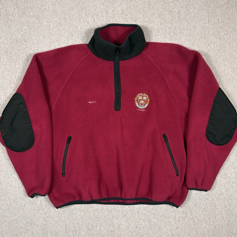 VTG 90s Harvard Hockey Jacket Crimson 1/4 Zip Pullover Mens XL USA Fleece Tracy‎
